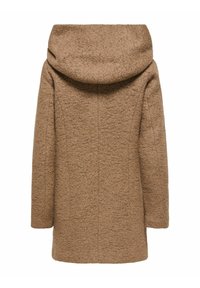 Bruine wollen jas met een capuchon, voorzien van een gestructureerde afwerking, lange mouwen en een rechte snit. Geen zichtbare sluitingen of versieringen.