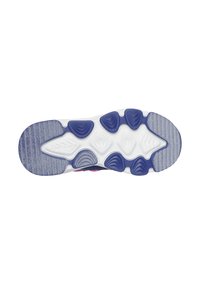 Schuhsohle mit einer strukturierten GummOberfläche; verfügt über eine weiße Basis und lila Akzente. Gebogene Rillen verbessern den Grip und die Flexibilität.