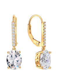 Złote kolczyki na zapięcie typu leverback z przezroczystymi ovalnymi kryształami, ozdobione małymi okrągłymi kamieniami w górnej części dla dodatkowego blasku.