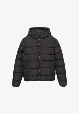 Giacca imbottita nera con cappuccio, dotata di chiusura frontale con zip, design trapuntato orizzontale, due tasche anteriori e tessuto resistente.