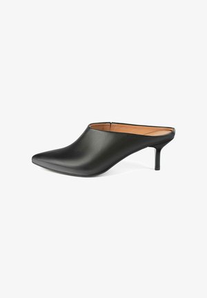 Black leather mules with a pointed toe and a 5 cm stiletto heel. Smooth texture with a minimal design and open back.
