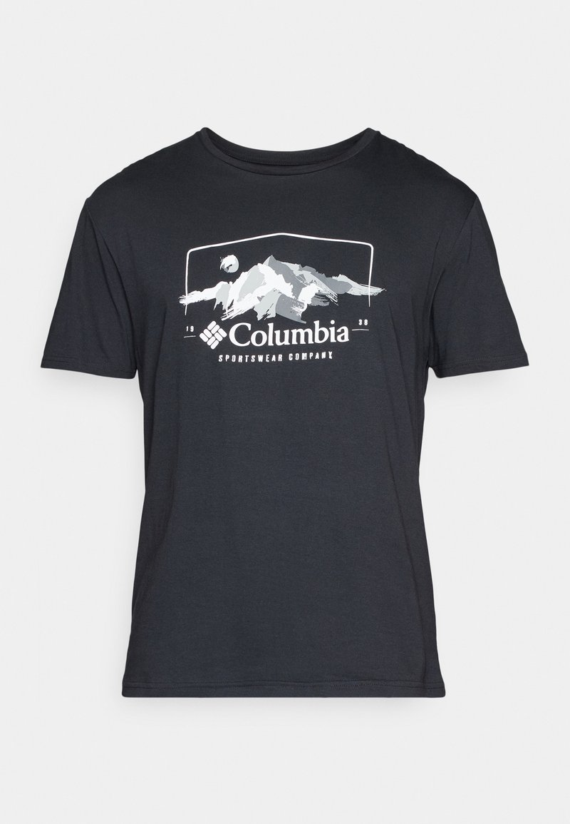 Zwarte t-shirt met korte mouwen van zachte stof, met een witte bergafbeelding en de tekst "Columbia Sportswear Company" in het midden.