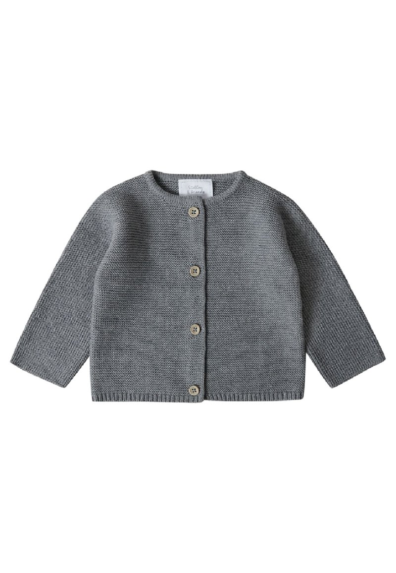 Grauer gestrickter Cardigan mit langen Ärmeln, Rundhalsausschnitt und fünf Holzknöpfen auf der Vorderseite. Strukturiertes Gewebe mit geripptem Saum und Ärmelbündchen.