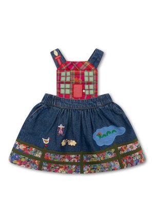 Denim jurk met een geruit bovenlijfje en knopen; geborduurde details omvatten dieren en bloemen, met een kleurrijke bloemenpatroonrand.