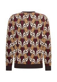 Maglione lavorato a maglia con base marrone, caratterizzato da un motivo a ventaglio in crema, rosso e senape. Scollatura rotonda e polsini a coste sulle maniche.