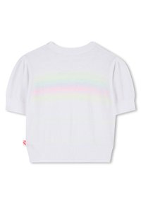 Λευκό πλεκτό πουλόβερ με κοντά μανίκια, με διακριτικές παστέλ ρίγες σε ουράνιο τόξο στο στήθος και μικρή ροζ ετικέτα στο πλάι.