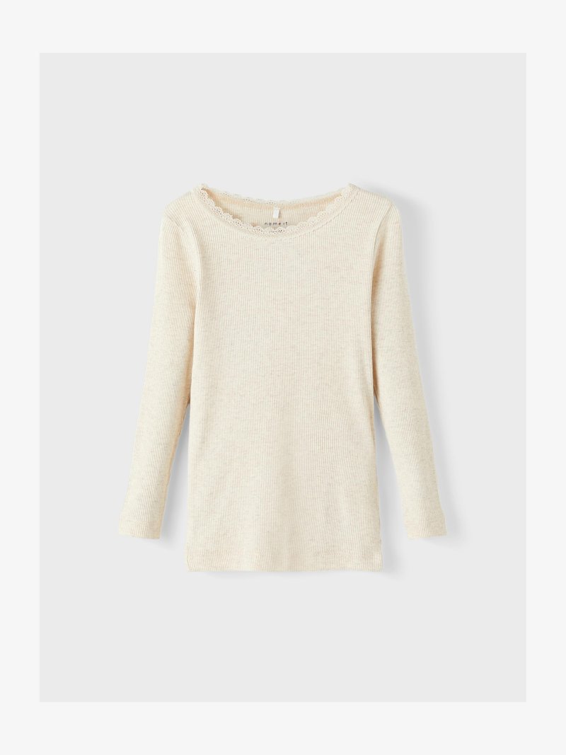 Top de manga longa beges claros com textura em ribetes, decote redondo com acabamento em renda. Design simples, tecido suave e ajuste descontraído.
