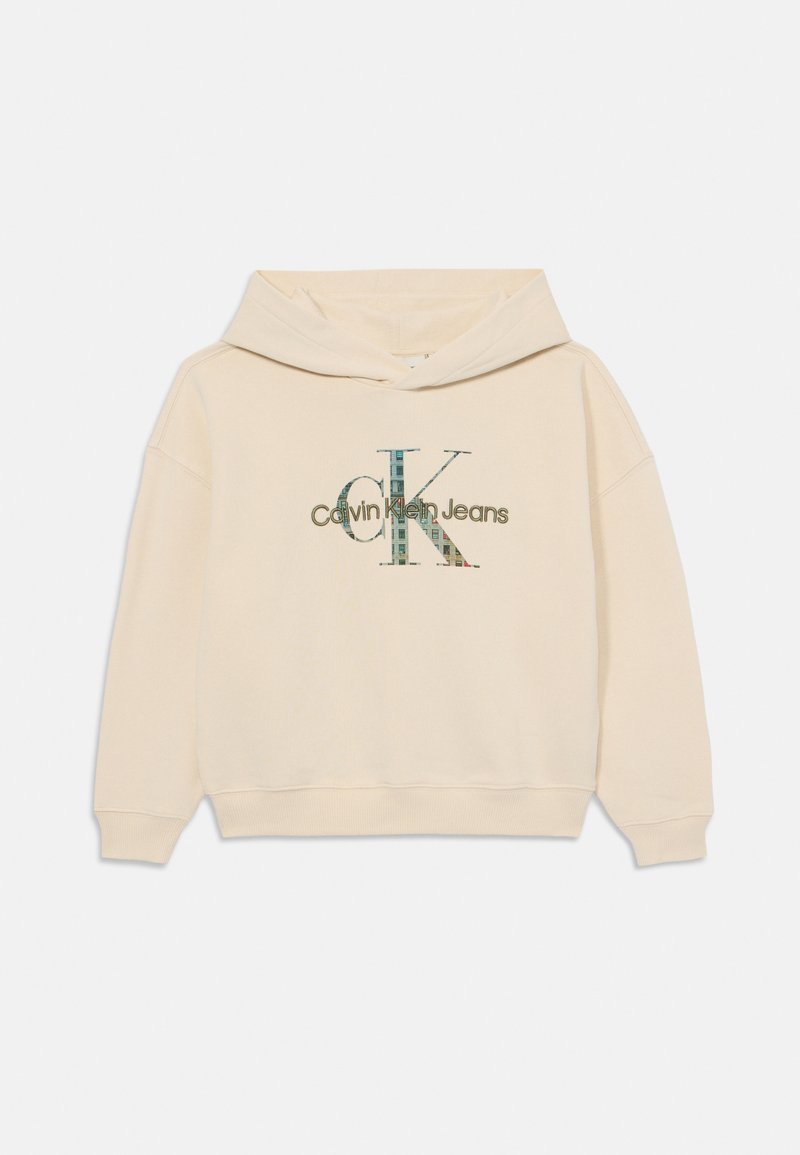Felpa in cotone beige con un logo grafico "CK" in blu e verde, con il testo "Calvin Klein Jeans" sotto. Include un cappuccio con cordino.