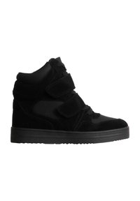 Black high-top sneaker with two wide Velcro straps and laces, flat sole, and padded ankle support.