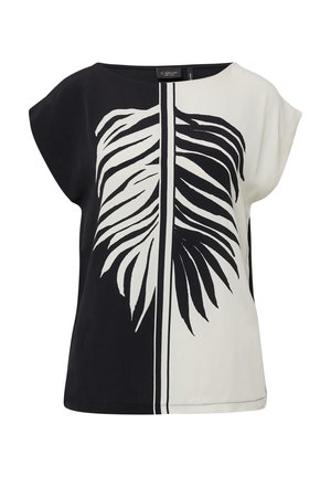 Schwarz-weißes Kurzarmtop mit großem Blattmuster, aus leichtem Stoff mit lockerem Schnitt und rundem Halsausschnitt.