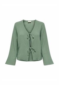 Top de tela arrugada color verde claro, con escote en V, mangas largas y cierre con lazo en la parte delantera. Acabado texturizado y corte holgado.
