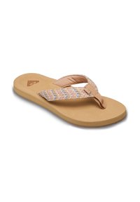 Μπεζ σανδάλι τύπου φλιπ-φλοπ με υφασμάτινο λουράκι που φέρει πολύχρωμα υφαντά σχέδια, μαλακή σόλα για το πόδι και επίπεδη σόλα από καουτσούκ.