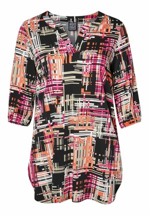 Melnbalts tunika ar V veida kaklu, 3/4 piedurknēm, ar abstraktu rakstu rozā, apelsīnu, bežā un baltā krāsā. Izgatavota no gludas auduma.