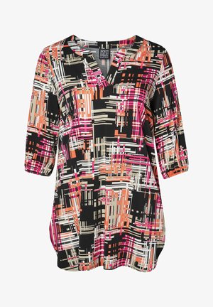 Fekete tunika V kivágással, 3/4-es ujjakkal, absztrakt mintával rózsaszín, narancssárga, bézs és fehér színekben. Simább anyagból készült.