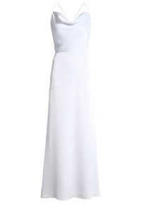Vit satin kvällsklänning med cowl-halsringning, tunna spagettiband, figurnära midja och en lång svävande kjol.