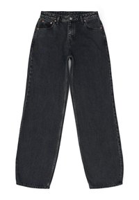 Black wide-leg jeans with a high waist, made of denim. Features five pockets, copper rivets, and slightly faded texture.