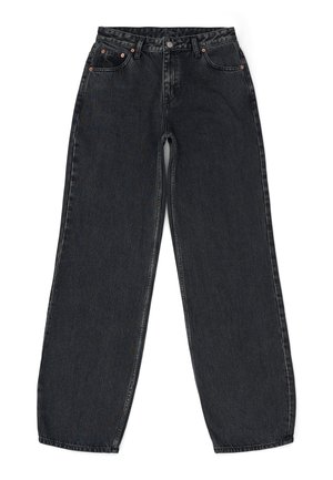 Jeans negros de pierna ancha con cintura alta, hechos de denim. Presentan cinco bolsillos, remaches de cobre y una textura ligeramente desgastada.