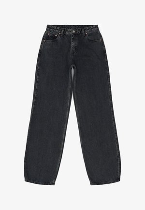 Black wide-leg jeans with a high waist, made of denim. Features five pockets, copper rivets, and slightly faded texture.