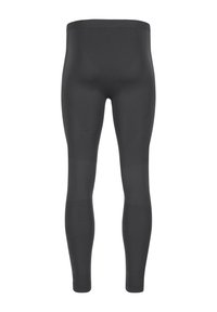 Schwarze nahtlose Leggings in voller Länge mit hohem Bund, von vorne vor weißem Hintergrund gezeigt.