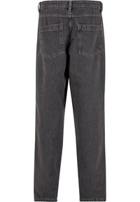 Jean gris foncé à jambes droites vu de dos avec deux poches plaquées et une ceinture avec passants.