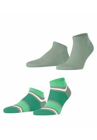 Set aus zwei Paar Socken: ein Paar in einfarbigem hellgrün; das andere gestreift mit dunklem Grün, hellgrün, grau und weißen Akzenten. Material aus Baumwollmischung.