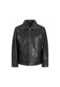 Black leather jacket with a collar, front zipper, and two side pockets. Smooth texture, casual design, featuring a straight fit.
