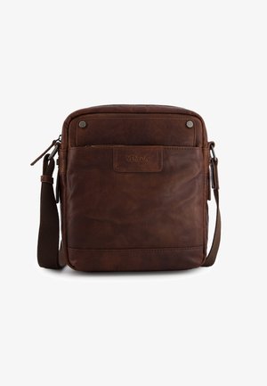 Braune Leder-Crossbody-Tasche mit Fronttasche, sichtbaren Nähten, Metallschraubverschlüssen, verstellbarem Stoffriemen und geprägtem "Venezia"-Etikett.