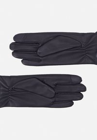 Black leather gloves with a smooth texture, featuring a gathered wrist design and reinforced areas on the palms and fingers.