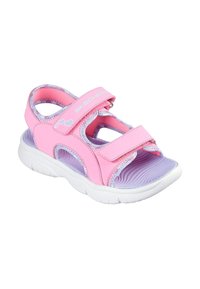 Sandali per bambini color rosa e lavanda con due strap in Velcro, lati aperti, suola testurizzata e suola in gomma bianca. Decorati con motivi a forma di cuore.