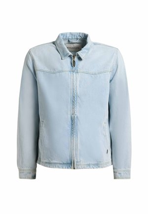 Vaaleansininen farkkutakki etuvetoketjulla, kahdella sivutaskulla, pitkät hihat ja tavallinen kaulus.