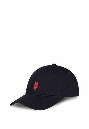 Black baseball cap with curved brim, featuring a small red embroidered logo on the front panel.
