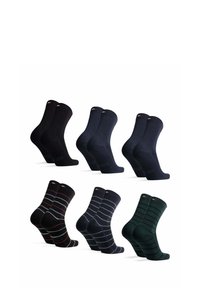 Tres pares de calcetines en negro sólido, azul oscuro y con patrones a rayas, que cuentan con una tela suave y puños acanalados para mayor comodidad y elasticidad.