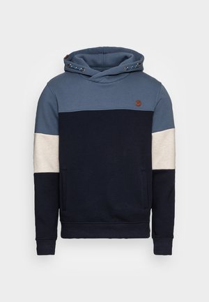 Sudadera con capucha de diseño a rayas en tonos de azul, marino y crema. Cuenta con un bolsillo tipo canguro y detalles decorativos en metal.