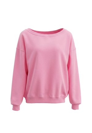 Locker sitzendes pinkfarbenes Sweatshirt mit langen Ärmeln, weitem Ausschnitt, gerippten Bündchen und Saum, auf weißem Hintergrund dargestellt.