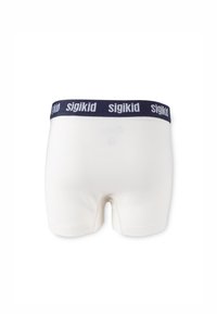 White cotton boxer shorts with a navy blue elastic waistband featuring the brand name "sigikid" in white text. Simple design, no patterns.