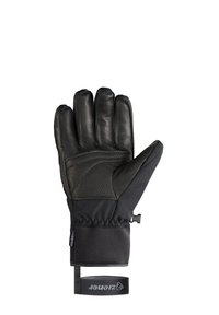 Black glove made of leather and fabric, featuring a textured palm, adjustable cuff, and a loop for attachment; designed for warmth and grip.