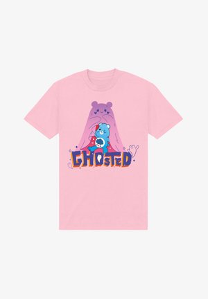 Roze T-shirt met cartoonberen en spookjes, met de tekst "GHOSTED" in oranje en blauw. Zachte stof, korte mouwen, casual pasvorm.