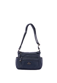 Navy blue shoulder bag with a textured finish, multiple zippered compartments, and gold-tone hardware accents. Adjustable strap included.