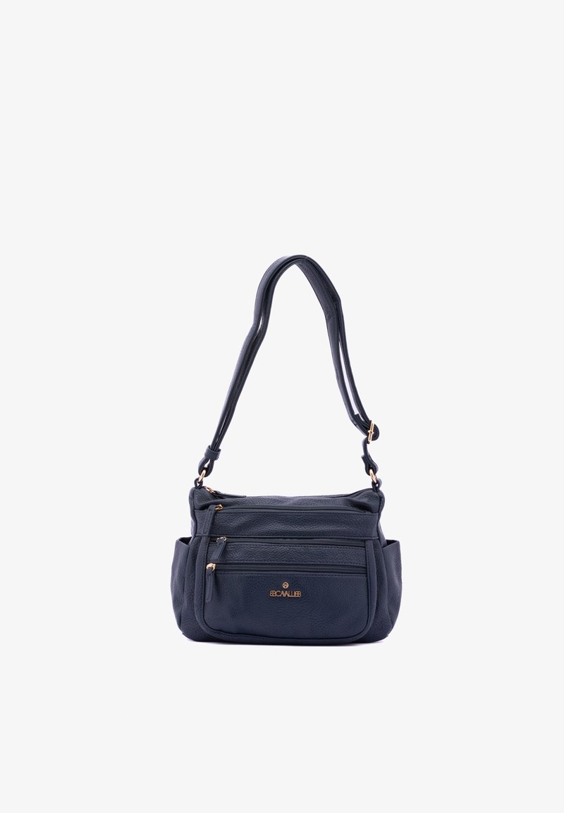 Borsa a tracolla blu navy con finitura testurizzata, scomparti con zip multipli e dettagli in metallo dorato. Inclusa una tracolla regolabile.