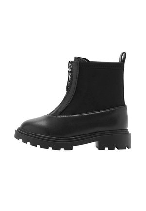Stivaletti neri con punta in pelle liscia, materiale superiore in neoprene, cerniera laterale e suola in gomma spessa con battistrada.