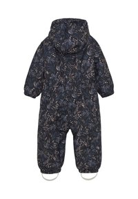 Ocieplany śniegowym kombinezon dla dzieci w ciemnym kolorze z kwiatowym wzorem oraz liśćmi, z elastycznymi mankietami i paskami do butów. Z kapturem.