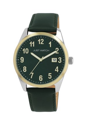 Grünes Lederarmbanduhr mit vergoldeter Lünette, großen arabischen Ziffern und Datumsanzeige. Silbernes Edelstahlgehäuse, glatte Textur.