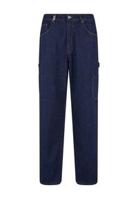 Pantalons cargo en denim bleu foncé avec une coupe droite. Comprend deux poches avant, une poche latérale et des coutures contrastées.