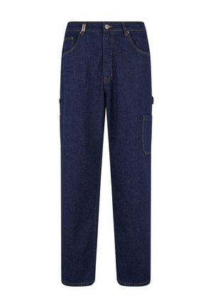 Pantalones cargo de denim azul oscuro con un diseño de pierna recta. Presenta dos bolsillos frontales, un bolsillo lateral y costuras en contraste.