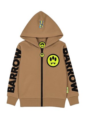 Felpa marrone con zip realizzata in tessuto morbido. Presenta un grande logo nero e dettagli in giallo neon a forma di smiley sul davanti e sulle maniche. Design con cappuccio.