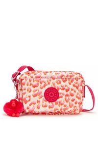 Piccola borsa a tracolla con stampa leopardata rosa e arancio, patch rossa del logo Kipling, tracolla regolabile e portachiavi a forma di scimmia pelosa rossa.