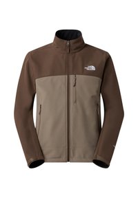 Käytännöllinen ruskea softshell-takki, jossa on vaaleanruskea yläosa, vetoketjuku closure, korkea kaulus ja kaksi sivutaskua; takissa on logo vasemmassa yläkulmassa.