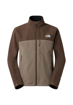 Giacca softshell marrone con parte superiore beige, zip anteriore, colletto alto e due tasche laterali; presenta il logo sulla parte superiore sinistra.