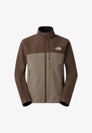 Brown softshell jacket with a tan upper section, zip front, high collar, and two side pockets; features logo on upper left.