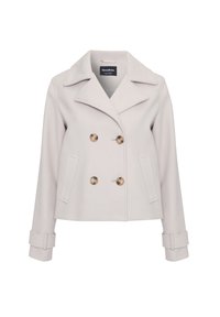 Lys grå frakke i pea coat-stil med store brune knapper, spidse krave, dobbeltknapdesign og sidelommer. Har detaljer ved ærmerne.